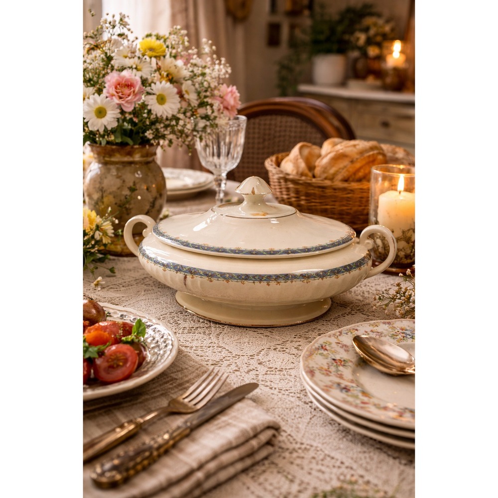 Oxford Ivory Covered Tureen Serving Dish Blue Floral‎ Gold Rim Vintage